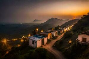 een weg leidend naar een dorp Bij zonsondergang. ai-gegenereerd foto