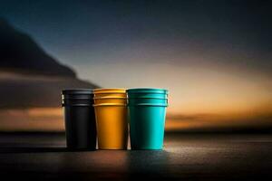 drie kleurrijk cups zitten Aan een tafel met een zonsondergang in de achtergrond. ai-gegenereerd foto