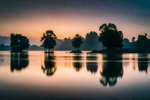 een meer Bij zonsondergang met bomen en water. ai-gegenereerd foto