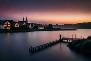 foto behang de lucht, water, zonsondergang, meer, huis, kerk, kerk, kerk,. ai-gegenereerd