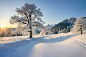 foto behang de lucht, bomen, bergen, zon, bomen, winter, bomen, bomen,. ai-gegenereerd