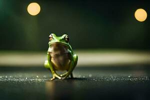 een kikker zittend Aan de grond in voorkant van een wazig achtergrond. ai-gegenereerd foto