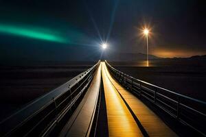 een lang brug met lichten schijnend Aan het Bij nacht. ai-gegenereerd foto