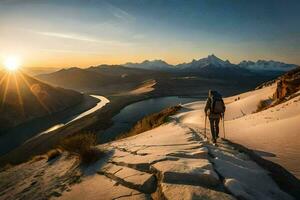 een Mens wandelen omhoog een berg Bij zonsondergang. ai-gegenereerd foto