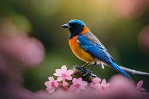 een kleurrijk vogel zit Aan een Afdeling met roze bloemen. ai-gegenereerd foto