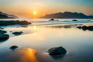 de zon sets over- een strand met rotsen en water. ai-gegenereerd foto
