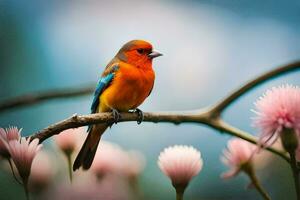 een kleurrijk vogel zit Aan een Afdeling met roze bloemen. ai-gegenereerd foto