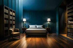 een slaapkamer met blauw muren en houten vloeren. ai-gegenereerd foto