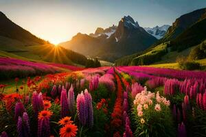 de zon stijgt over- een veld- van bloemen en bergen. ai-gegenereerd foto