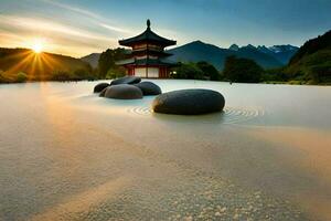 de zon sets over- een pagode in de midden- van een meer. ai-gegenereerd foto