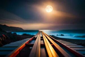 een trein bijhouden leidend naar de oceaan met een vol maan in de achtergrond. ai-gegenereerd foto