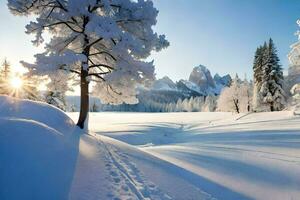 sneeuw gedekt bomen en een berg in de achtergrond. ai-gegenereerd foto