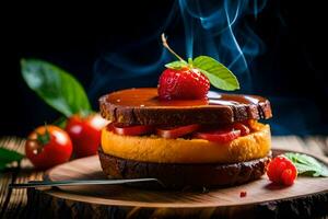 een taart met aardbeien en chocola Aan een houten bord. ai-gegenereerd foto