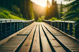 een houten brug in de midden- van een Woud. ai-gegenereerd foto