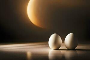 twee eieren zijn zittend in voorkant van een vol maan. ai-gegenereerd foto