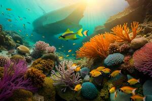 een onderwater- tafereel met kleurrijk vis en koraal riffen. ai-gegenereerd foto