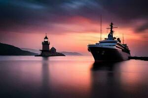 een boot in de water Bij zonsondergang. ai-gegenereerd foto