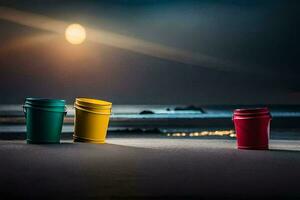 drie kleurrijk emmers zitten Aan de strand Bij nacht. ai-gegenereerd foto