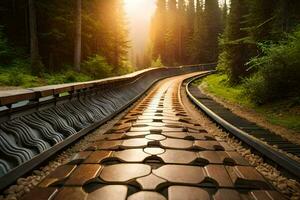 een trein bijhouden in de Woud met de zon schijnt. ai-gegenereerd foto