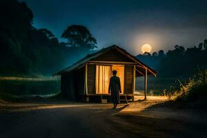een Mens staat in voorkant van een hut Bij nacht. ai-gegenereerd foto