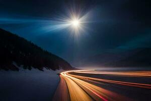 een lang blootstelling fotograaf van een weg Bij nacht met licht paden. ai-gegenereerd foto