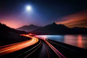 een lang blootstelling fotograaf van een weg en berg Bij nacht. ai-gegenereerd foto