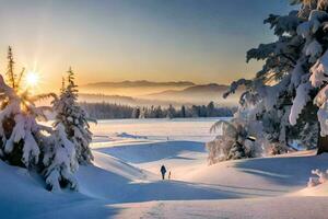 een persoon is wandelen door de sneeuw Aan een zonnig dag. ai-gegenereerd foto