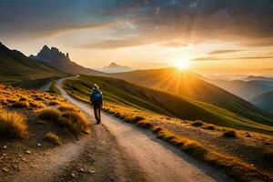 een Mens wandelingen Aan een weg in de bergen. ai-gegenereerd foto