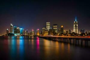 de stad horizon Bij nacht met lichten reflecterend uit de water. ai-gegenereerd foto