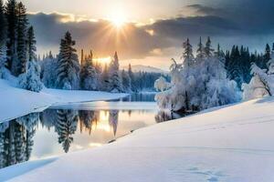 een besneeuwd landschap met bomen en water. ai-gegenereerd foto