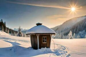 een klein houten hut zit in de sneeuw. ai-gegenereerd foto