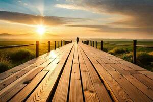 een houten brug over- een veld- Bij zonsondergang. ai-gegenereerd foto