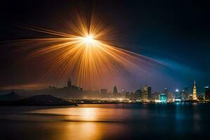 de stad horizon is lit omhoog Bij nacht met een helder licht schijnt. ai-gegenereerd foto