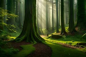 een pad door een Woud met bomen en gras. ai-gegenereerd foto