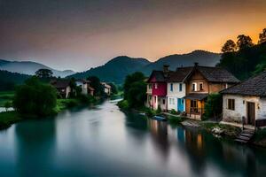 foto behang de lucht, water, bergen, rivier, huizen, zonsondergang, rivier, huizen,. ai-gegenereerd