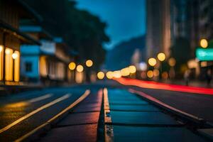 een lang blootstelling foto van een straat Bij nacht. ai-gegenereerd