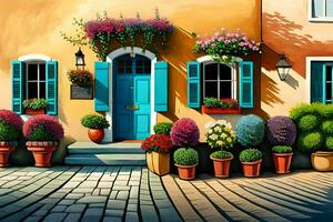 een schilderij van een kleurrijk huis met bloemen en planten. ai-gegenereerd foto