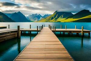 een houten pier Leidt naar een meer en bergen. ai-gegenereerd foto