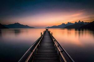 een pier uitrekken in de water Bij zonsondergang. ai-gegenereerd foto