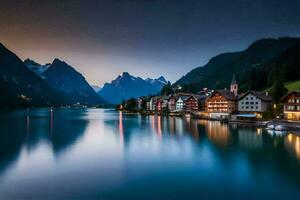 de stad- van hallstatt Bij schemering. ai-gegenereerd foto