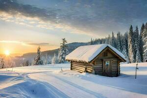 een cabine in de sneeuw Bij zonsondergang. ai-gegenereerd foto