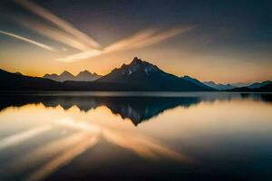 de bergen zijn weerspiegeld in de water Bij zonsondergang. ai-gegenereerd foto