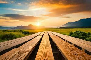 de zon stijgt over- een houten brug in de bergen. ai-gegenereerd foto