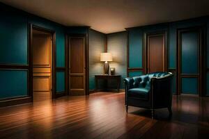 een donker kamer met blauw muren en houten vloeren. ai-gegenereerd foto