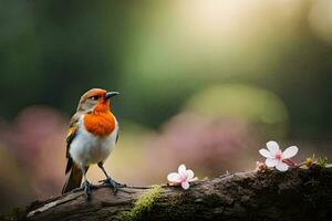 een rood vogel zittend Aan een Afdeling met roze bloemen. ai-gegenereerd foto