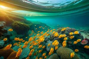 een koraal rif met veel vis zwemmen in de water. ai-gegenereerd foto