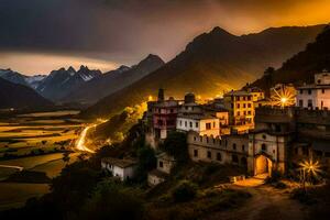 foto behang de lucht, bergen, nacht, de dorp, Italië, persoon. ai-gegenereerd