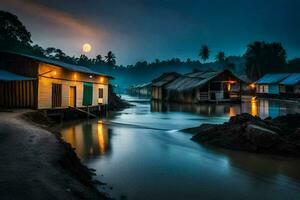 een rivier- in de midden- van een dorp Bij nacht. ai-gegenereerd foto