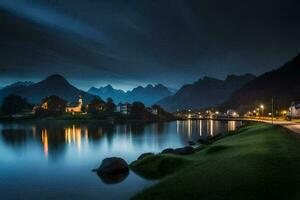 een meer en bergen Bij nacht. ai-gegenereerd foto