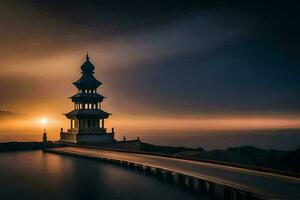 een pagode staat Aan de rand van een meer Bij zonsondergang. ai-gegenereerd foto
